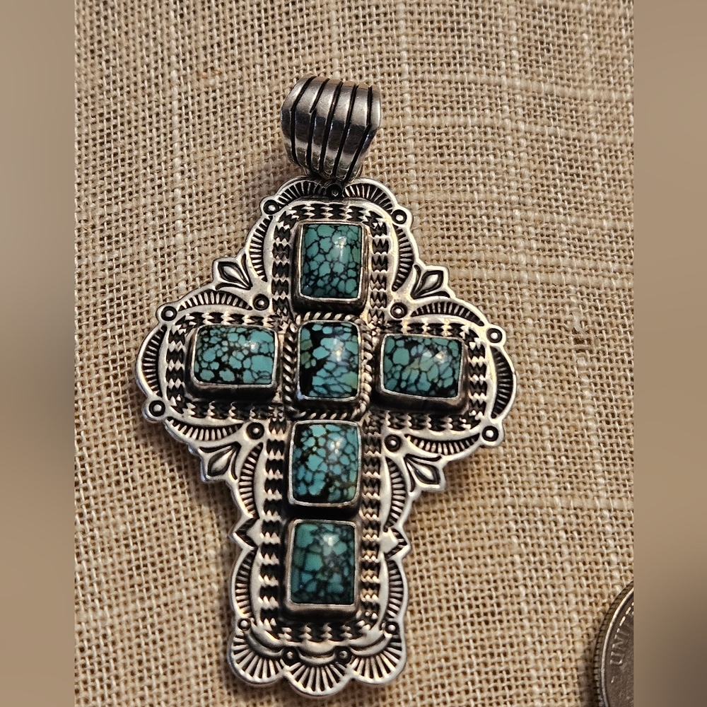 Navajo A. Jake Sterling Turquoise Cross Pendant